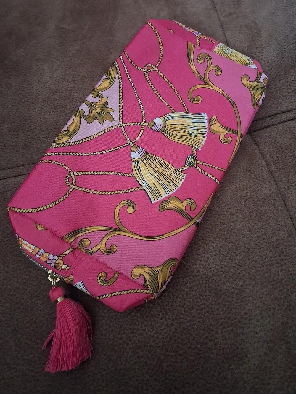 Estee Lauder Pink And Gold Tassel-Accent Printed Cosmetic Pouch